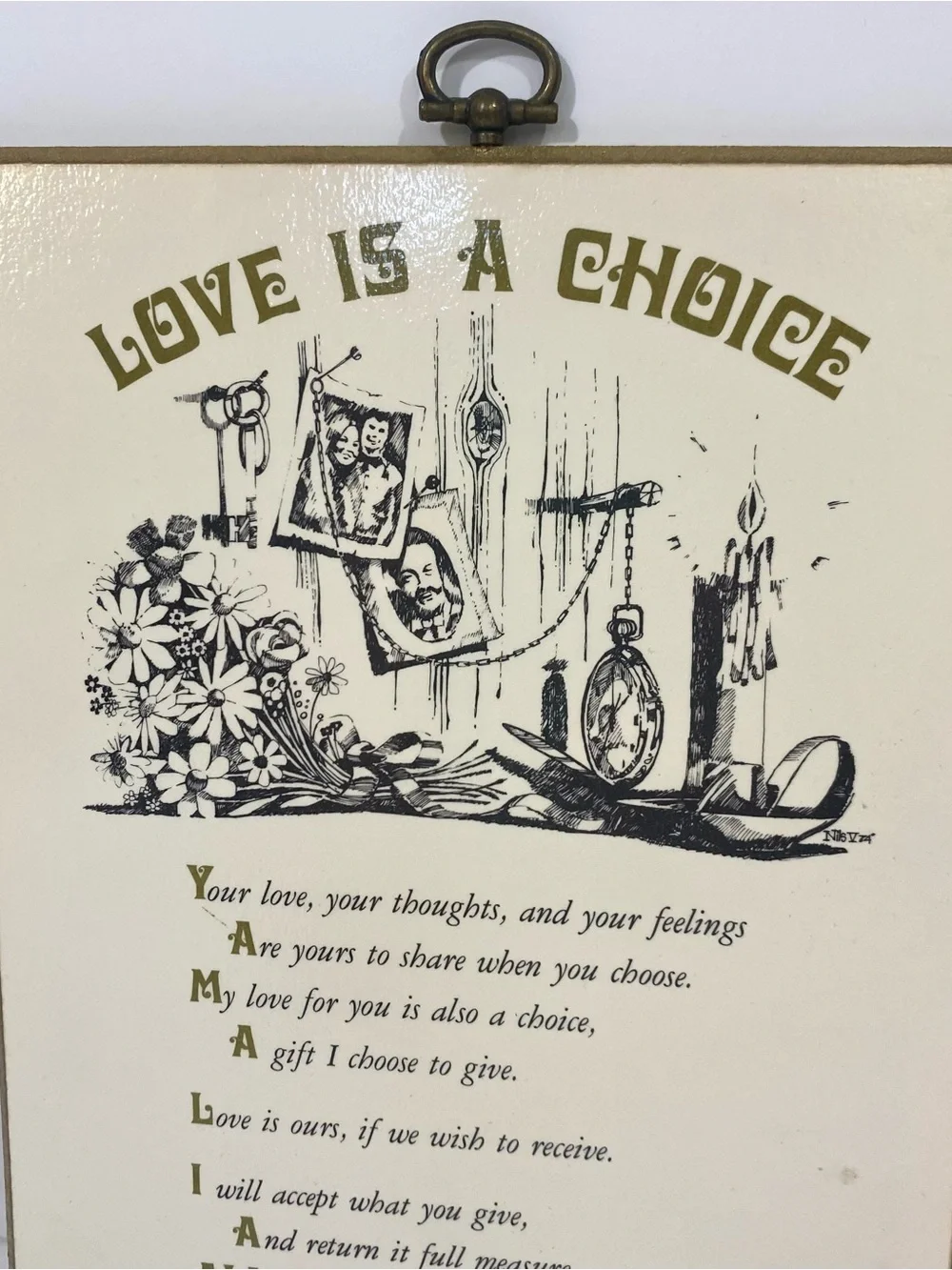 Vintage 70’s Love Is A Choice Wall Plaque - Cream and Gold